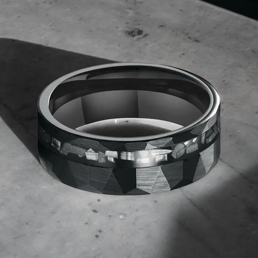 NEW 8mm black hammered meteorite chip men's wedding band ring jewelry sz 10 B22A